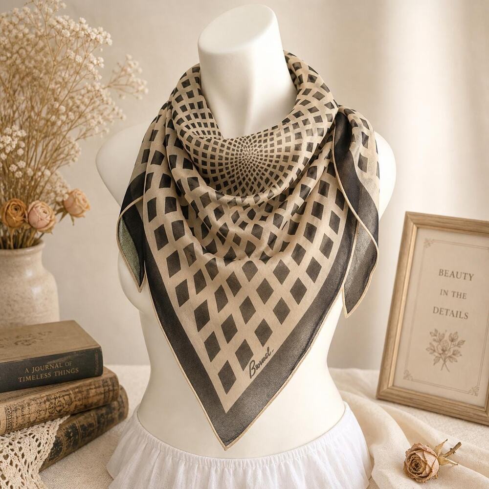 Burmel Vintage Silk Chiffon Scarf 22” Op Art Vortex Diamond Print Cream Grey